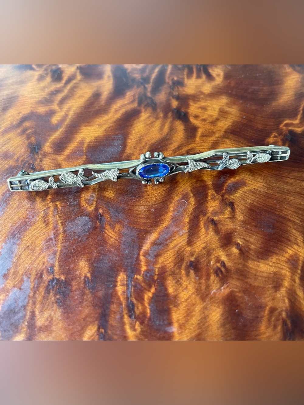 Edwardian Antique Lovely C Clasp Brooch w Blue Stone leaves gold plated filled